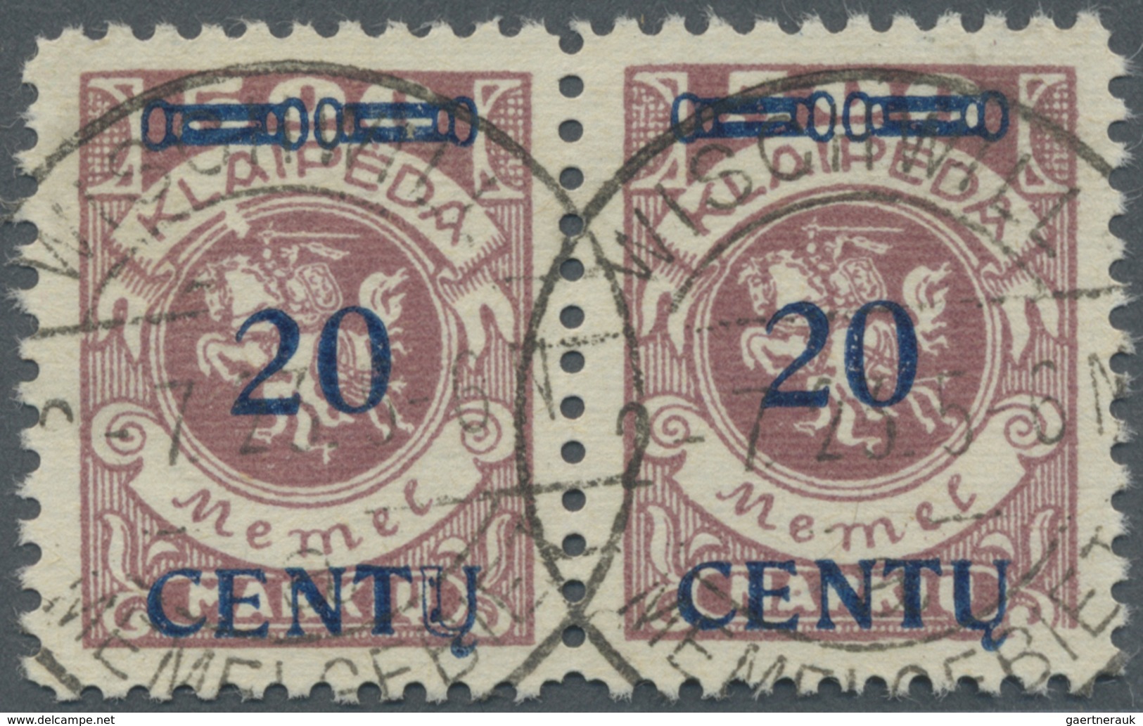 O Memel: 1923, Freimarke 20 CENTU Als Gestempeltes Waag. Paar, Dabei Weisser Keil Unter "L" Von Klaipe - Memelland 1923