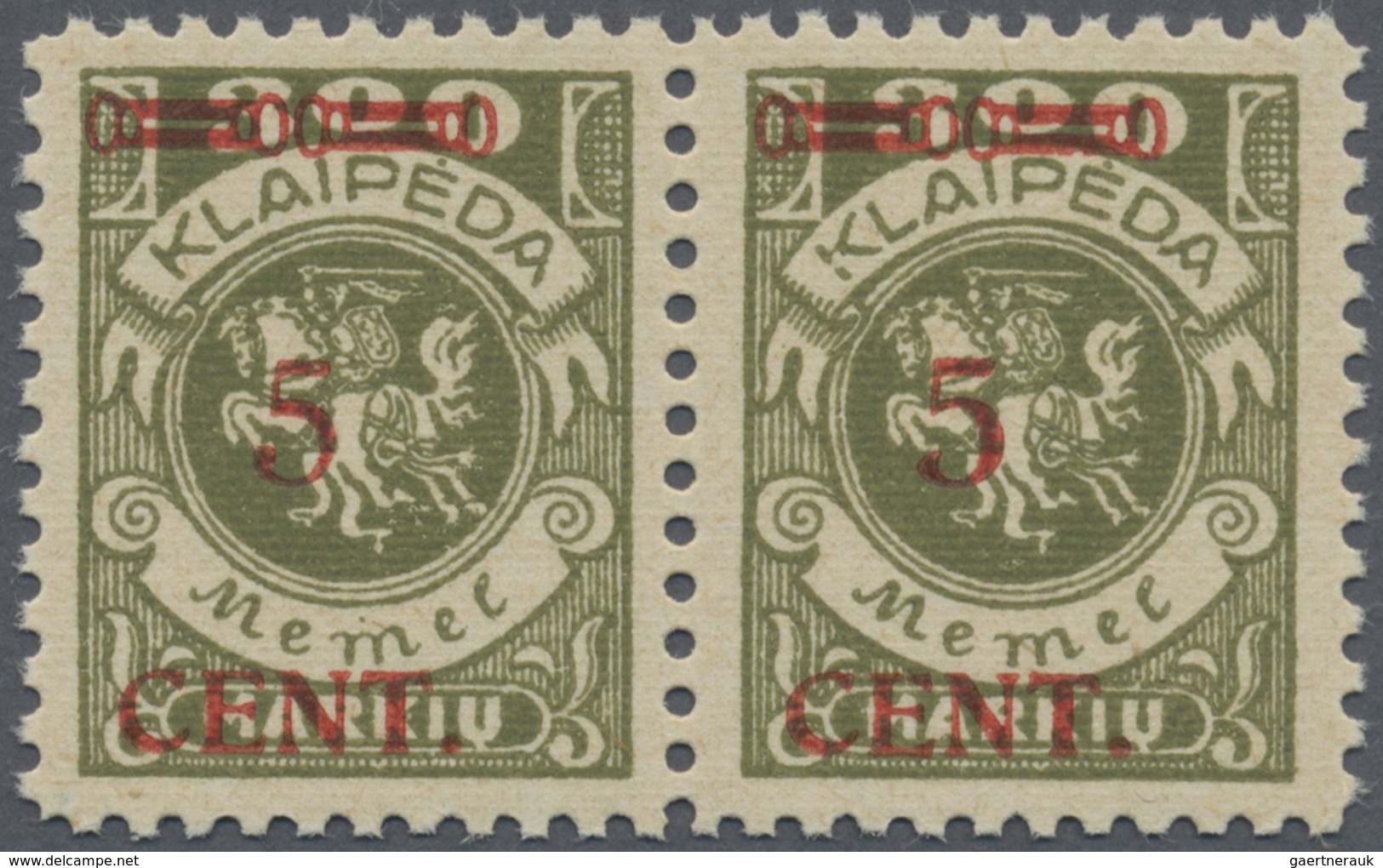 ** Memel: 1923, 5 C. Auf 300 M. Aufdruck "CENT.", Postfr. Im Waagerechten Typenpaar II E/I E, Tadellos, - Memelgebiet 1923