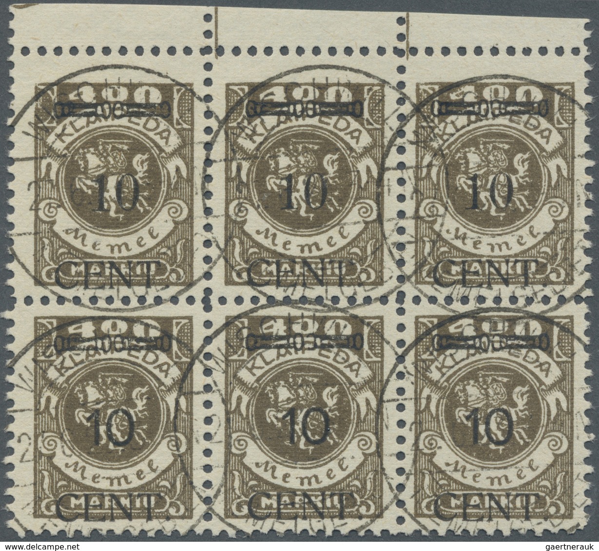 O Memel: 1923, Freimarke 10 CENT Auf 400 M,gestempelter Oberrandsechserblock Mit 3x Senkrechten Typenp - Memel (Klaïpeda) 1923