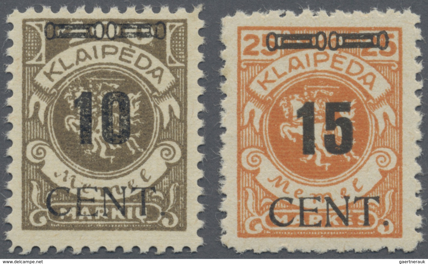 ** Memel: 1923, 10 C. Auf 400 M. Dunkelolivbraun Und 15 C. Auf 25 M. Lebhaftrötlichorange, Zwei Postfri - Memel (Klaipeda) 1923