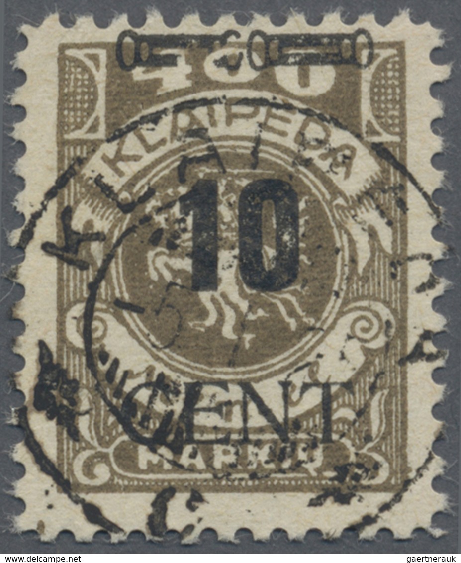 O Memel: 1923, 10 C. Auf 400 M. Dunkelolivbraun Mit Aufdruckfehler "linker Zierbalken Zu Ca. 1/4 Ausge - Memel (Klaïpeda) 1923