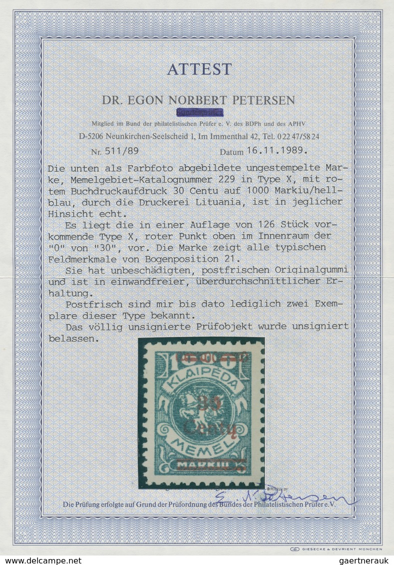 ** Memel: 1923, 30 C. Auf 1000 M. Grünlichblau, Mit Aufdruckfehler "0 Von 30 Innen Oben Mit Punkt", Ein - Memelgebiet 1923