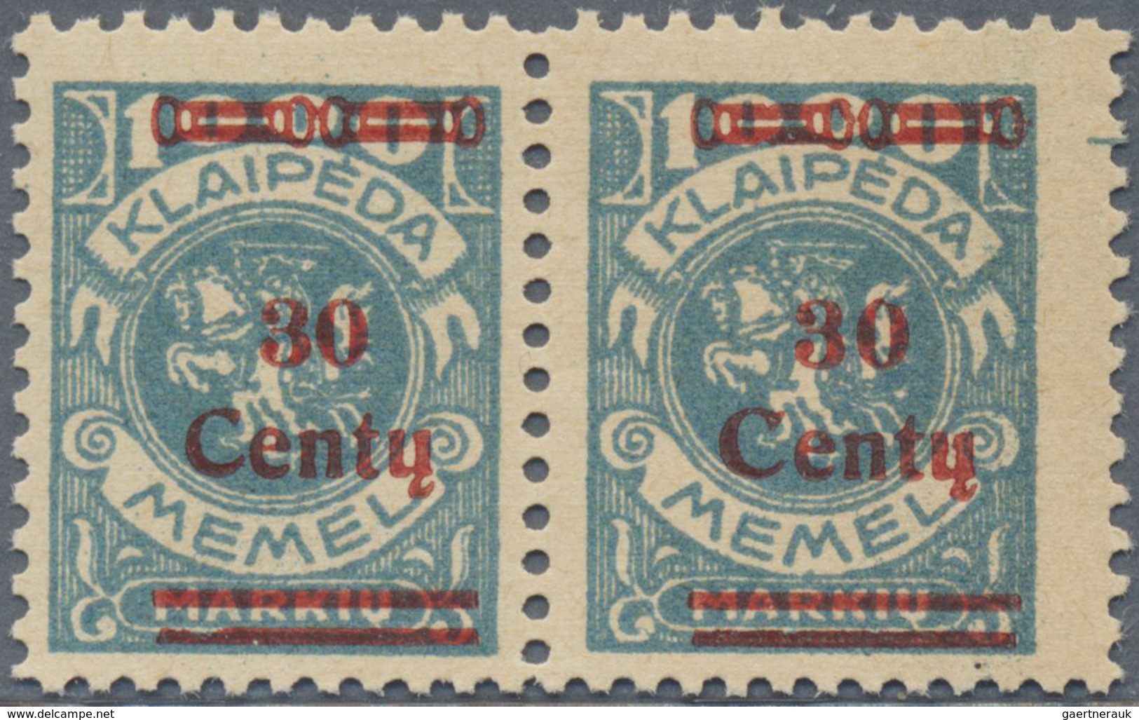 ** Memel: 1923, Abart Xx, 30 Centy Waagerechtes Aufdruckpaar- Schmale Und Extrem Breite Marke (20mm + 2 - Memelgebiet 1923