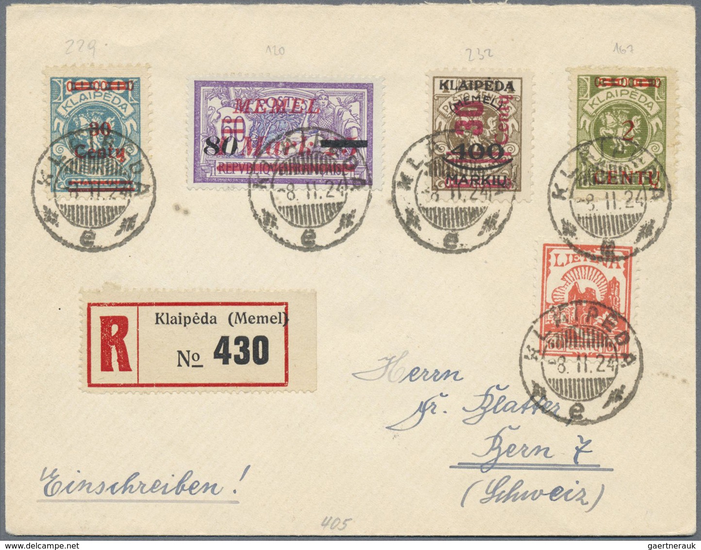 Br Memel: 1924, R-Brief In Die Schweiz, Buntfranktur Klaipea Portogerecht + 2 C., Mi. Lose Gest. 800.- - Memel (Klaïpeda) 1923