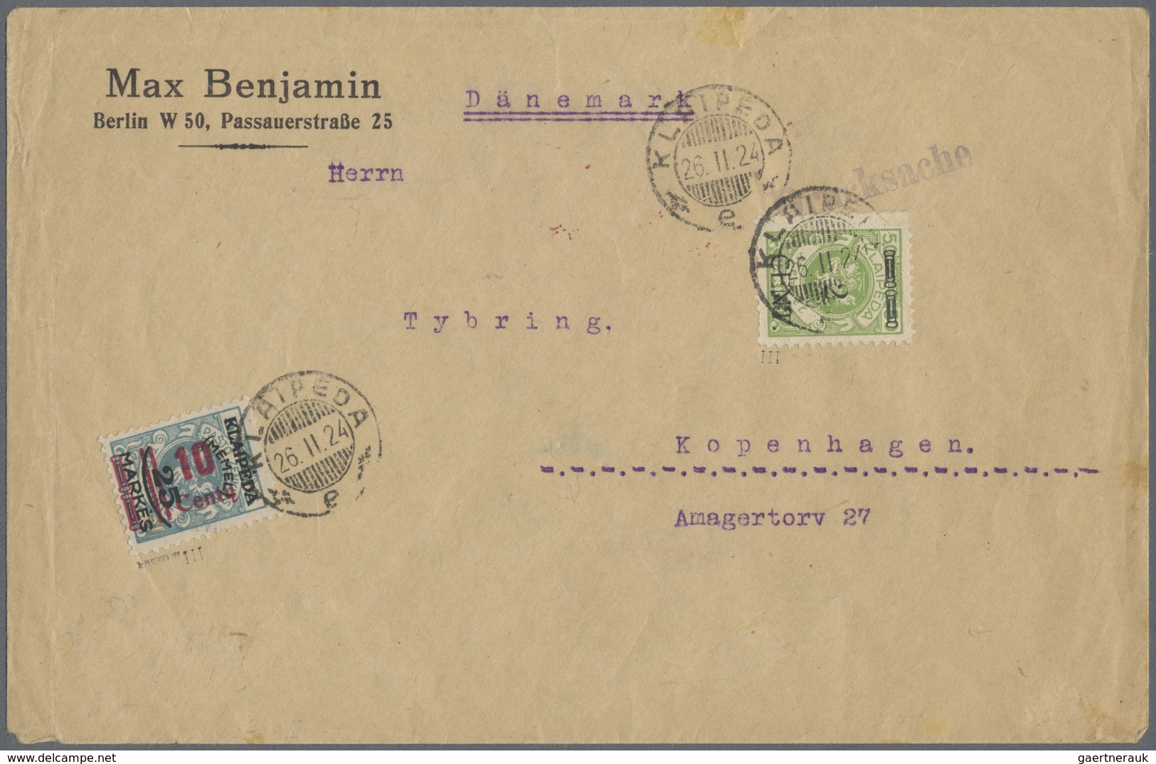 Br Memel: 1923, 10 C. Auf 25 M. Auf 5 C. Grünlichblau, Aufdrucktype III Und 2 C. Auf 50 M. Gelbgrün Mit - Memel (Klaïpeda) 1923