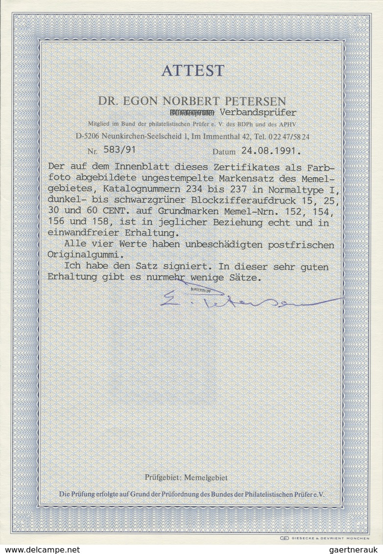 ** Memel: 1923, 15 C. Bis 60 C. Grünaufdruck, Aufdrucktype I, Kompletter Postfrischer Kabinettsatz, Dab - Memel (Klaipeda) 1923