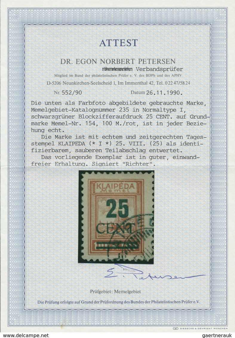 O Memel: 1923, 25 C. Grünaufdruck, Aufdrucktype I, Schwarzgrüner Blockzifferaufdruck 25 CENT. Auf 100 - Memel (Klaïpeda) 1923