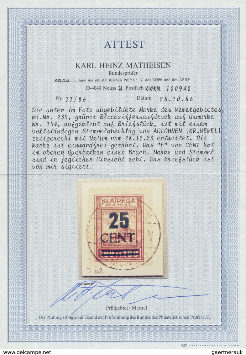 Brfst Memel: 1923, 25 C. Grünaufdruck, Aufdrucktype I, Schwarzgrüner Blockzifferaufdruck 25 CENT. Auf 100 - Memel (Klaïpeda) 1923