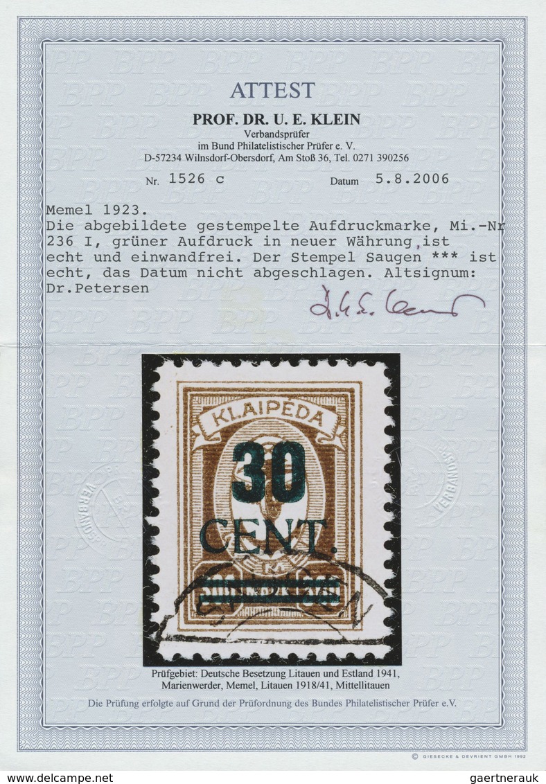 O Memel: 1923, 30 C. Grünaufdruck, Aufdrucktype I, Schwarzgrüner Blockzifferaufdruck 30 CENT. Auf 300 - Memel (Klaipeda) 1923