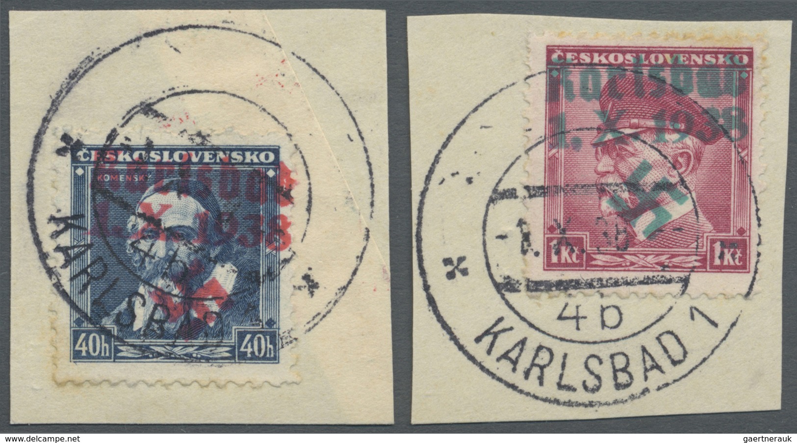 Brfst Sudetenland - Karlsbad: 1938, 40 H. Komensky Und 1 Kc. Masaryk Auf Briefstück Mit Ersttagsstempel "K - Sudetenland