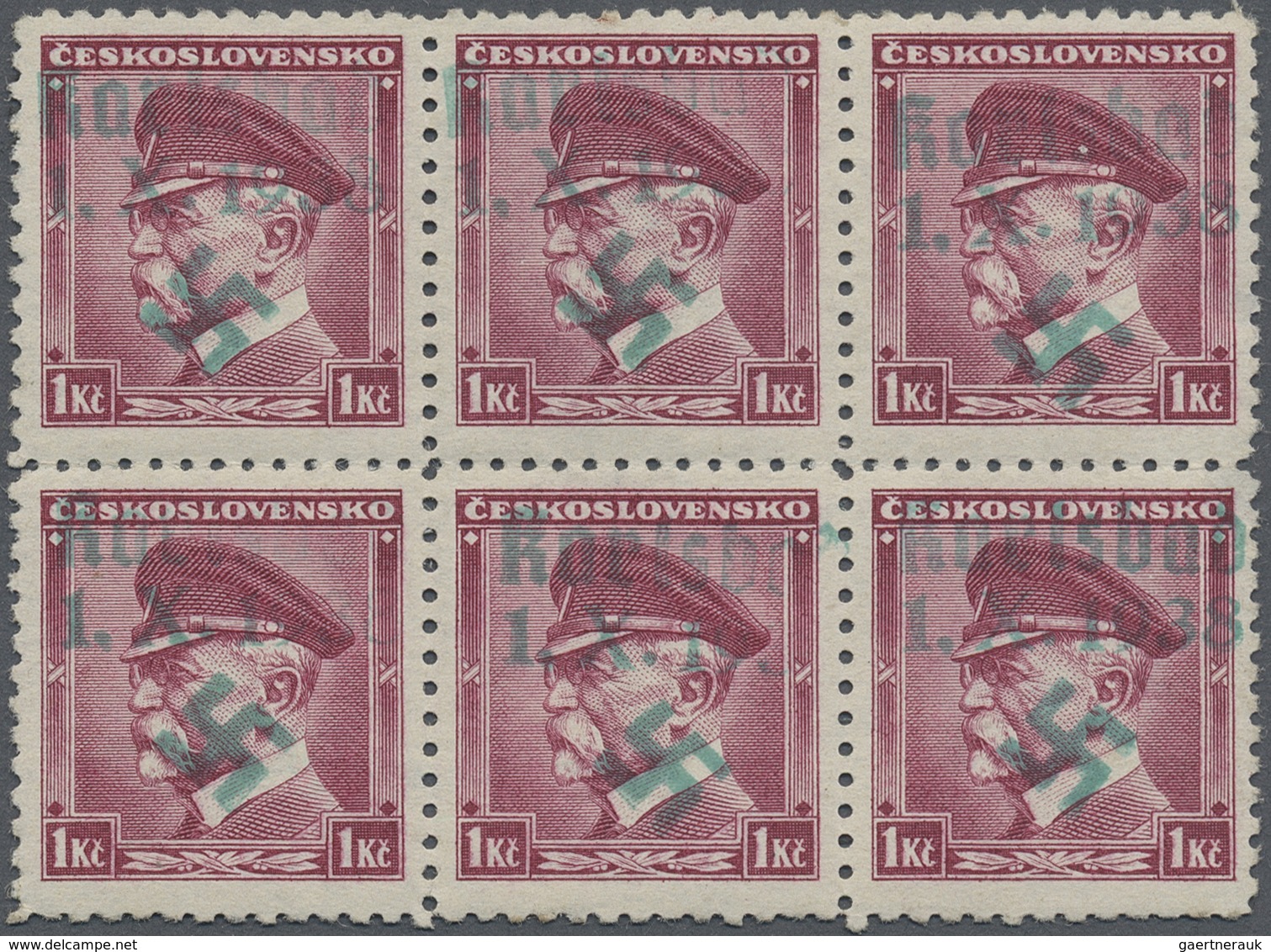 * Sudetenland - Karlsbad: 1938, Freimarke 1 Kr. Im Ungebrauchten Sechserblock Mit Lebhaftblaugrünem Ha - Sudetenland