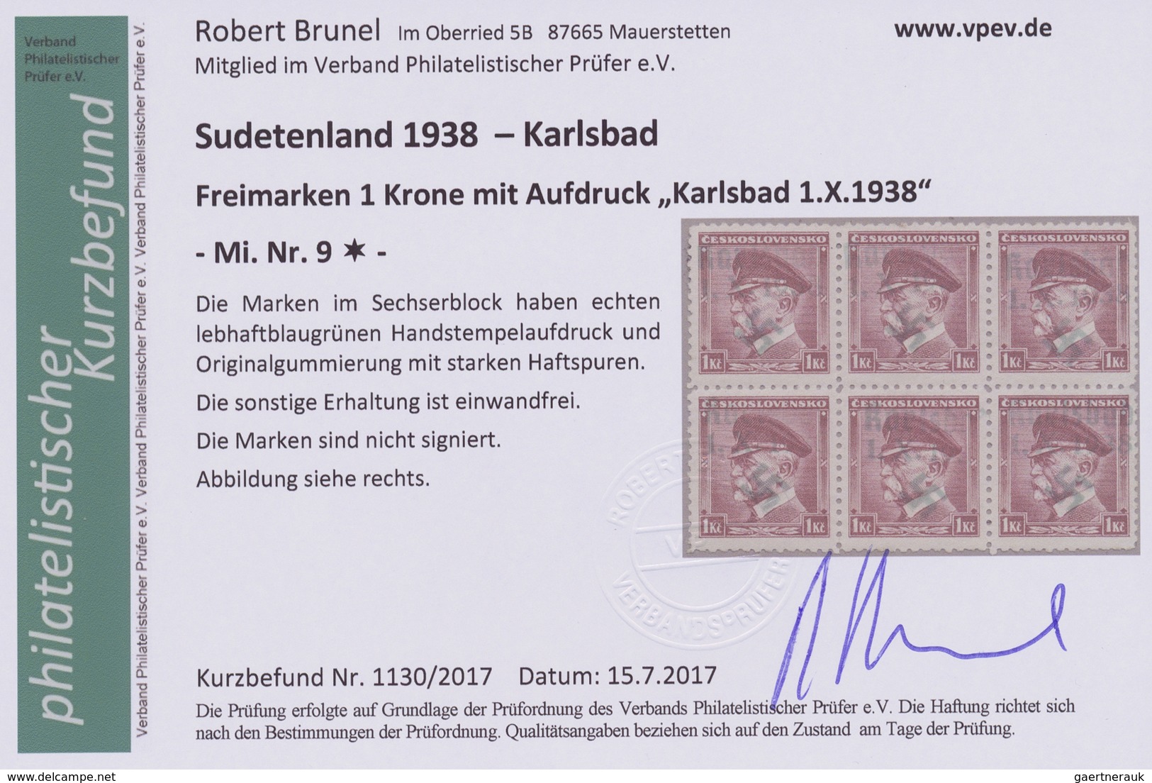 * Sudetenland - Karlsbad: 1938, Freimarke 1 Kr. Im Ungebrauchten Sechserblock Mit Lebhaftblaugrünem Ha - Région Des Sudètes