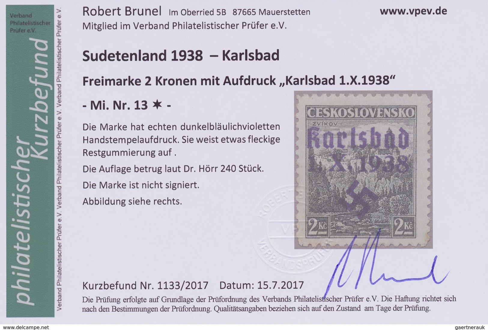 * Sudetenland - Karlsbad: 1938, Freimarke 2 Kronen Mit Dunkelbläulichviolettem Handstempelaufdruck "Ka - Région Des Sudètes