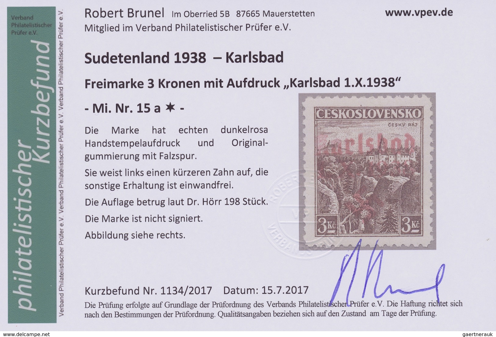 * Sudetenland - Karlsbad: 1938, Freimarke 3 Kr (kürzerer Zahn Links) Mit Dunkelrosa Handstempelaufdruc - Région Des Sudètes