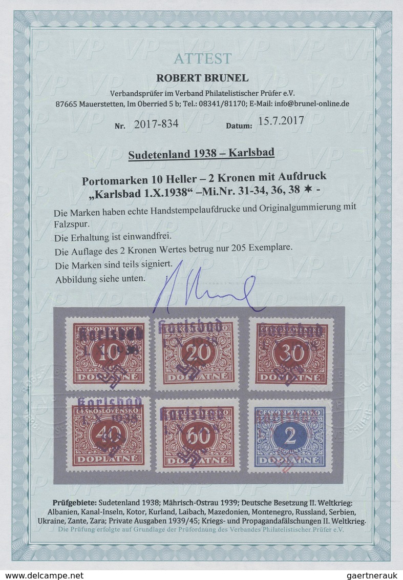 * Sudetenland - Karlsbad: 1938, Ex Portomarken 10 Heller - 2 Kronen (6 Werte) Mit Handstempelaufdruck - Sudetenland