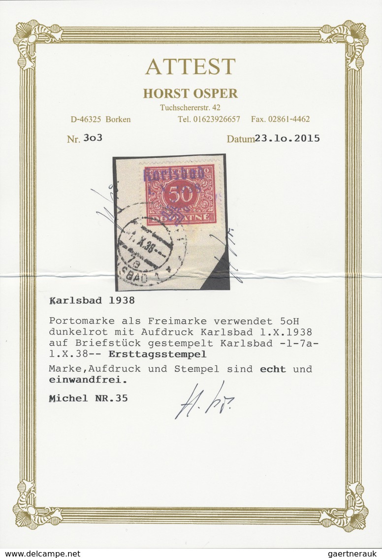 Brfst Sudetenland - Karlsbad: 1938, 40 H. Portomarke Mit Ersttagsstempel "KARLSBAD 4d 1.X.38" Auf Briefstü - Sudetenland