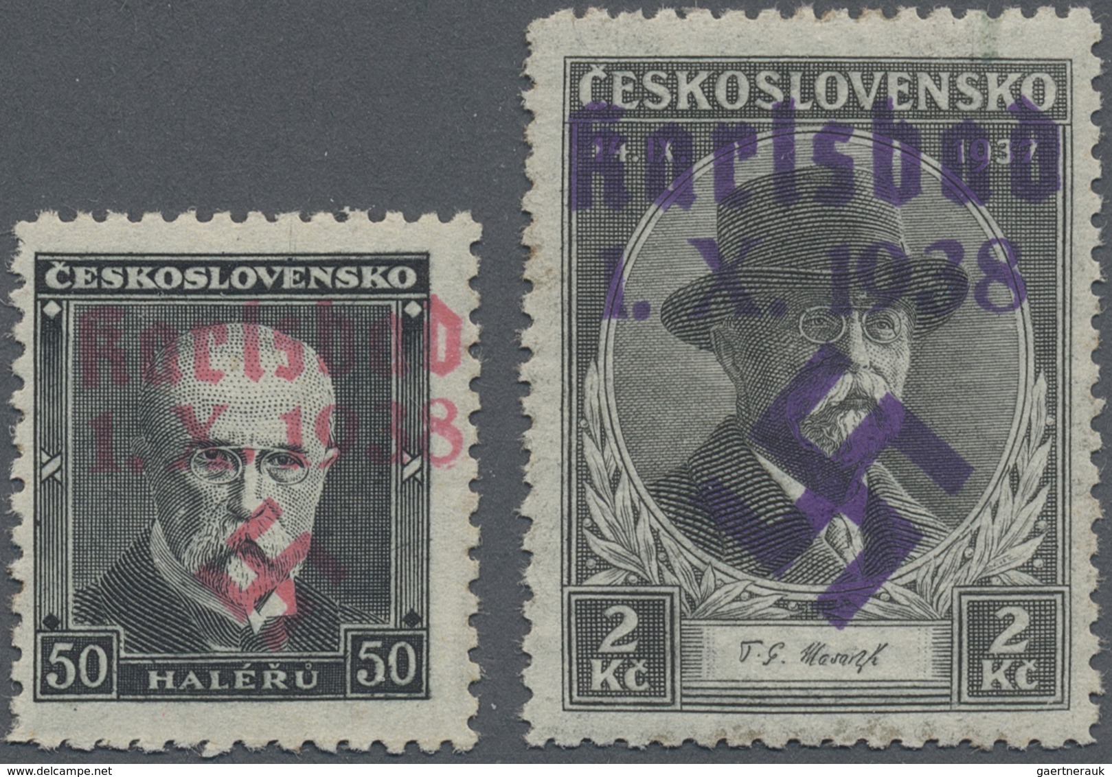 * Sudetenland - Karlsbad: 1938, Masaryk Trauerausgabe, 50 H. Und 2 Kr., Mit Handstempelaufdruck "Karls - Sudetenland