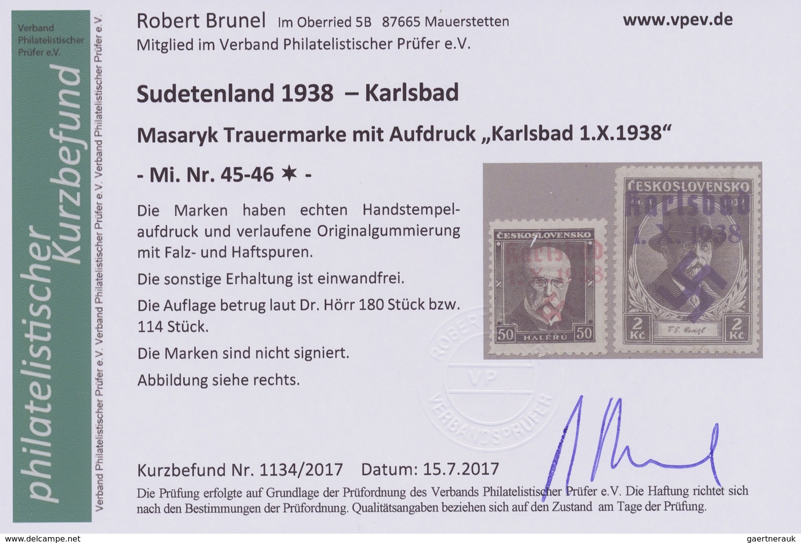 * Sudetenland - Karlsbad: 1938, Masaryk Trauerausgabe, 50 H. Und 2 Kr., Mit Handstempelaufdruck "Karls - Région Des Sudètes