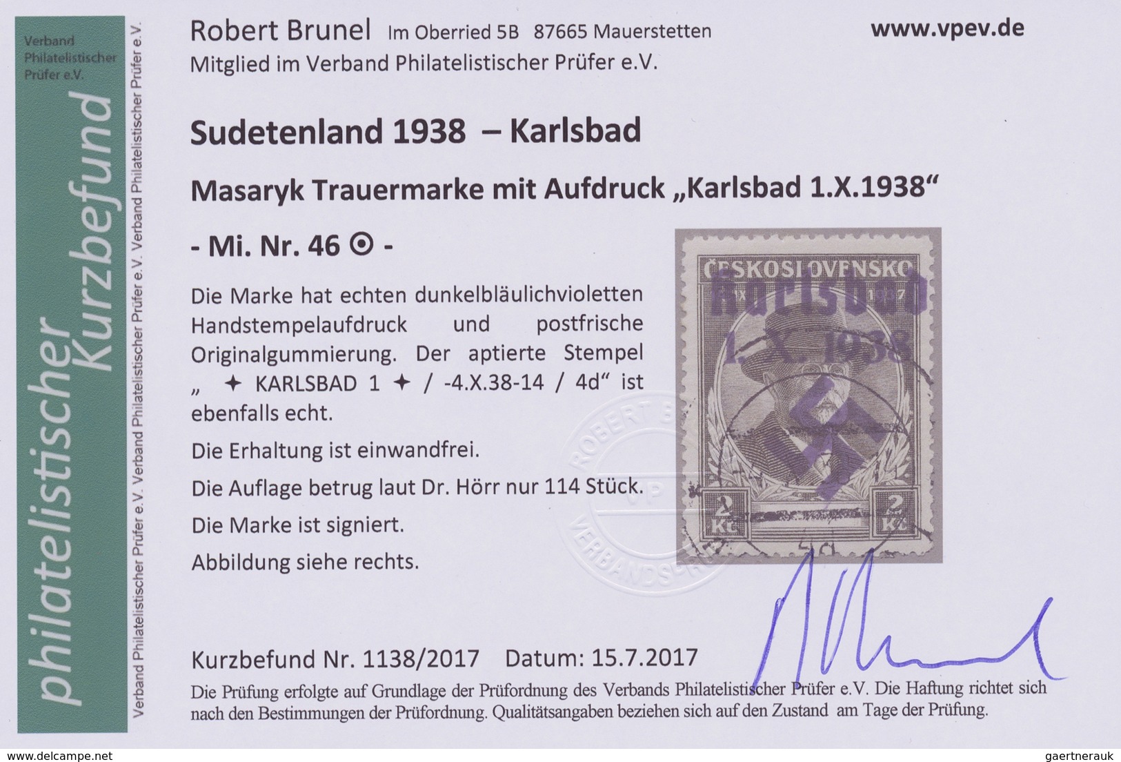 O Sudetenland - Karlsbad: 1938, Masaryk Trauermarke 2 Kr. Mit Dunkelbläulichviolettem Handstempelaufdr - Région Des Sudètes