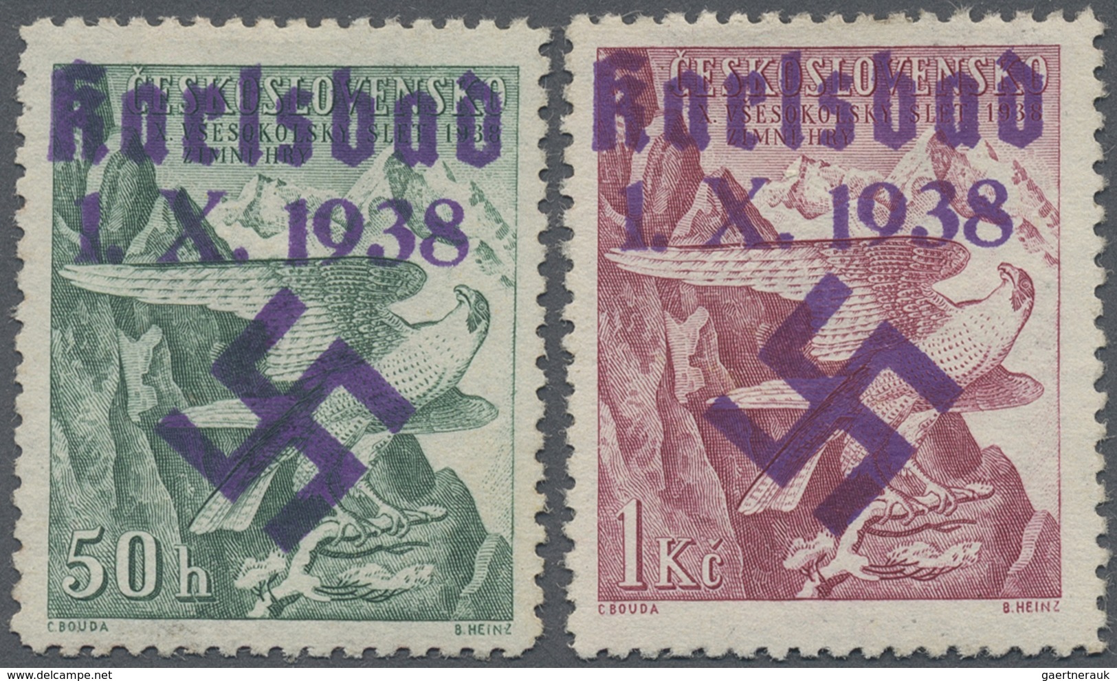 * Sudetenland - Karlsbad: 1938, Sokol-Winterspiele, 50 H. Und 2 Kr., Mit Handstempelaufdruck "Karlsbad - Sudetenland