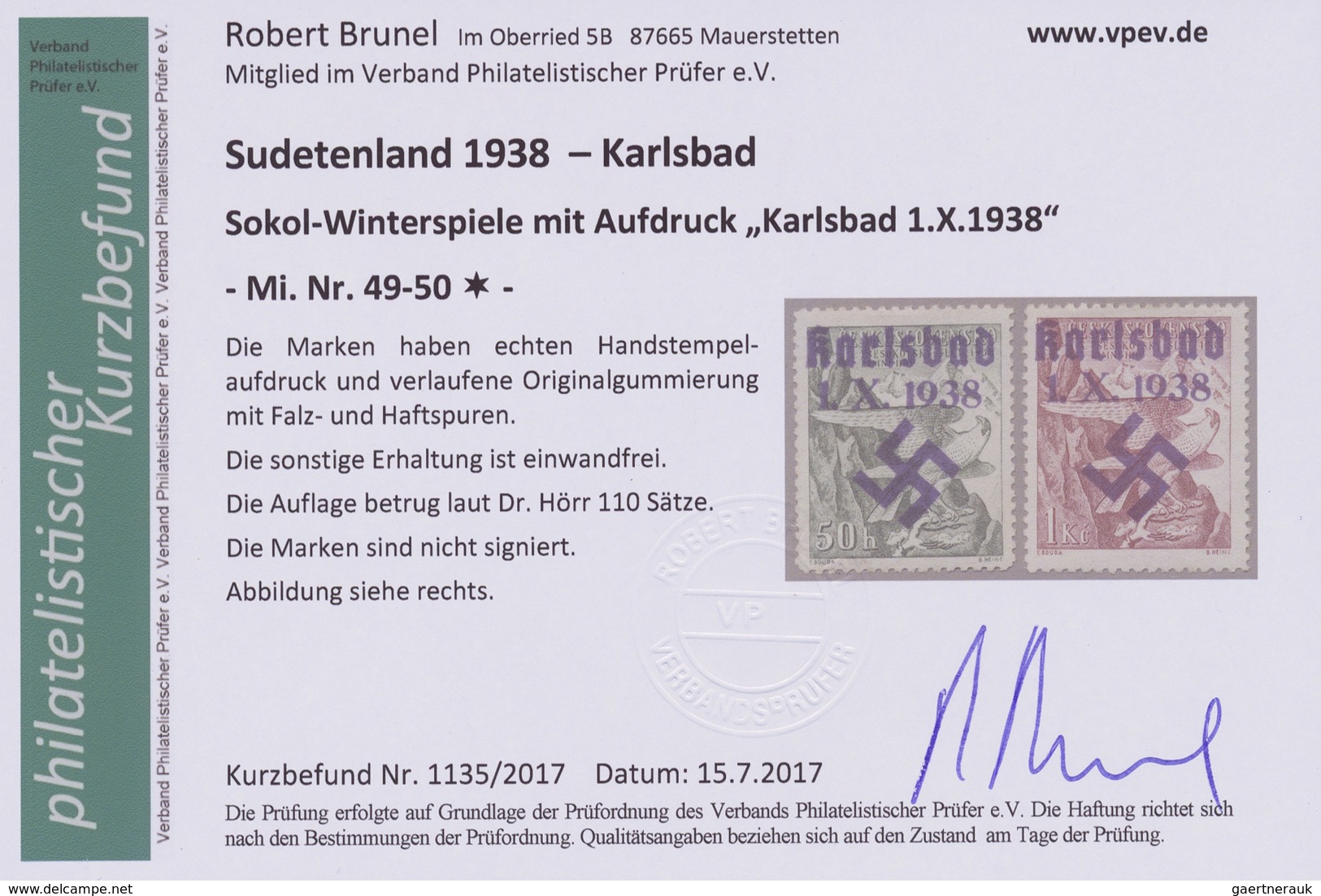 * Sudetenland - Karlsbad: 1938, Sokol-Winterspiele, 50 H. Und 2 Kr., Mit Handstempelaufdruck "Karlsbad - Région Des Sudètes