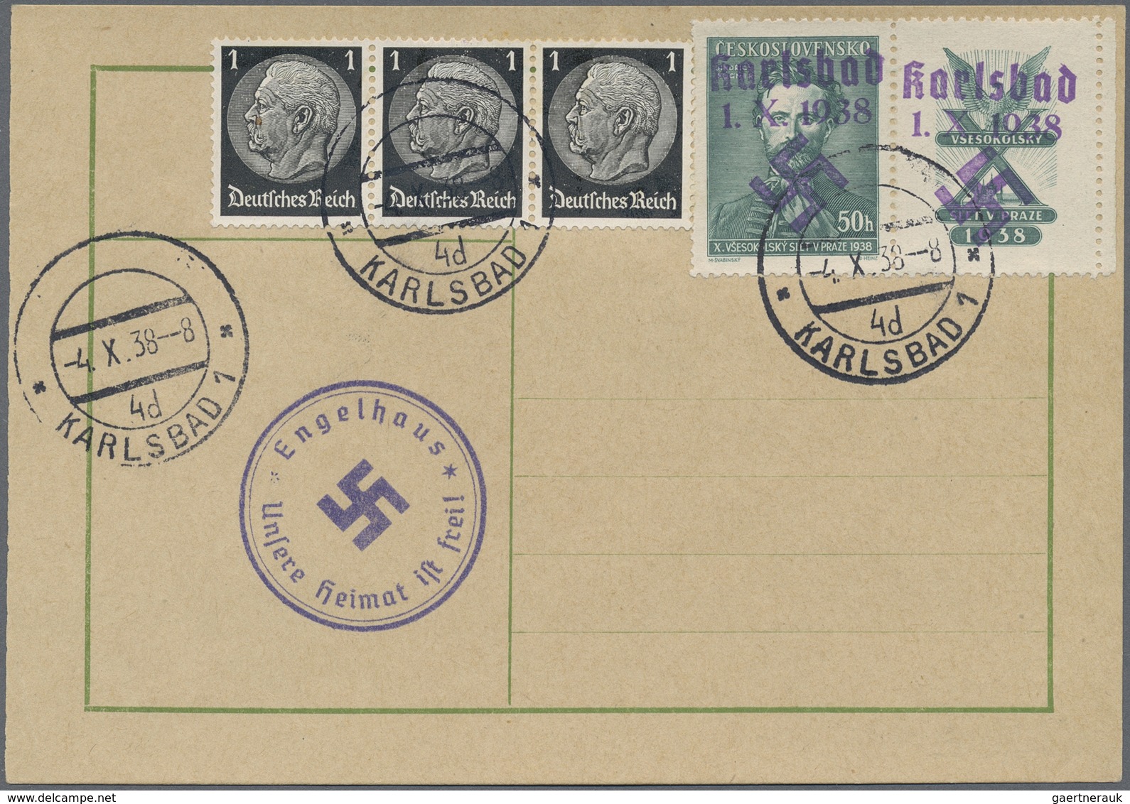 Brfst Sudetenland - Karlsbad: 1938, Gedenkmarke Fügner 50 H Mit Rechts Anhängendem Zierfeld Und Handstempe - Région Des Sudètes