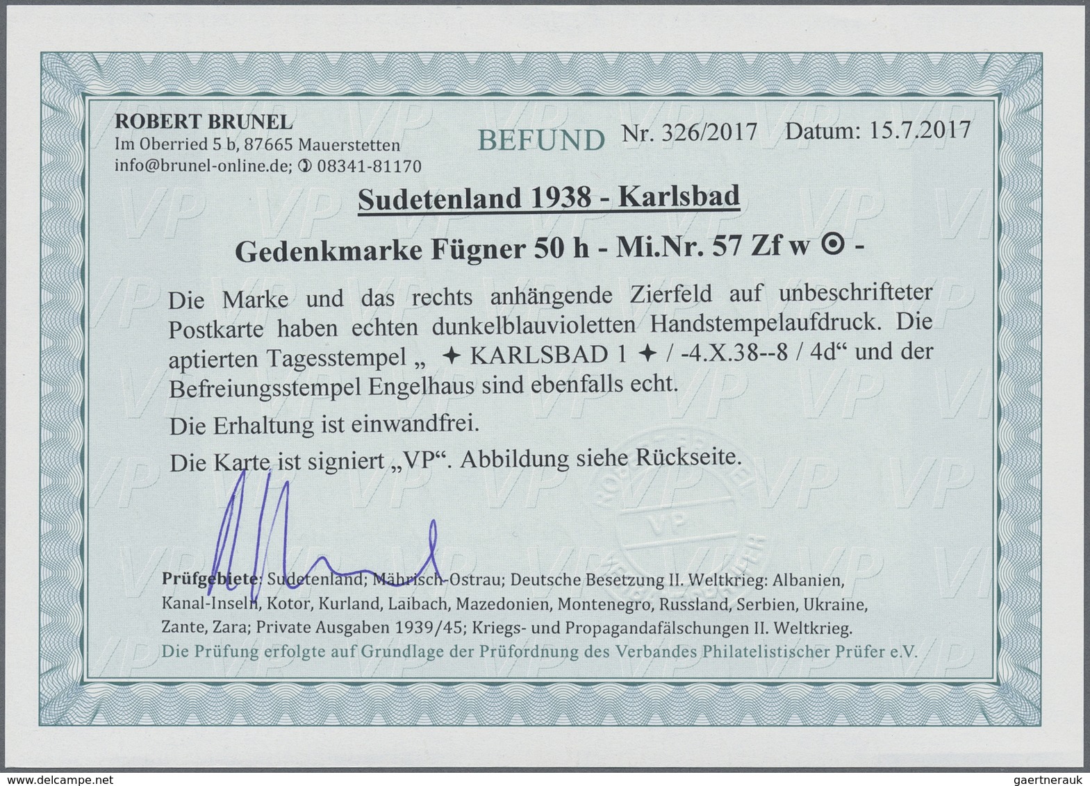 Brfst Sudetenland - Karlsbad: 1938, Gedenkmarke Fügner 50 H Mit Rechts Anhängendem Zierfeld Und Handstempe - Région Des Sudètes