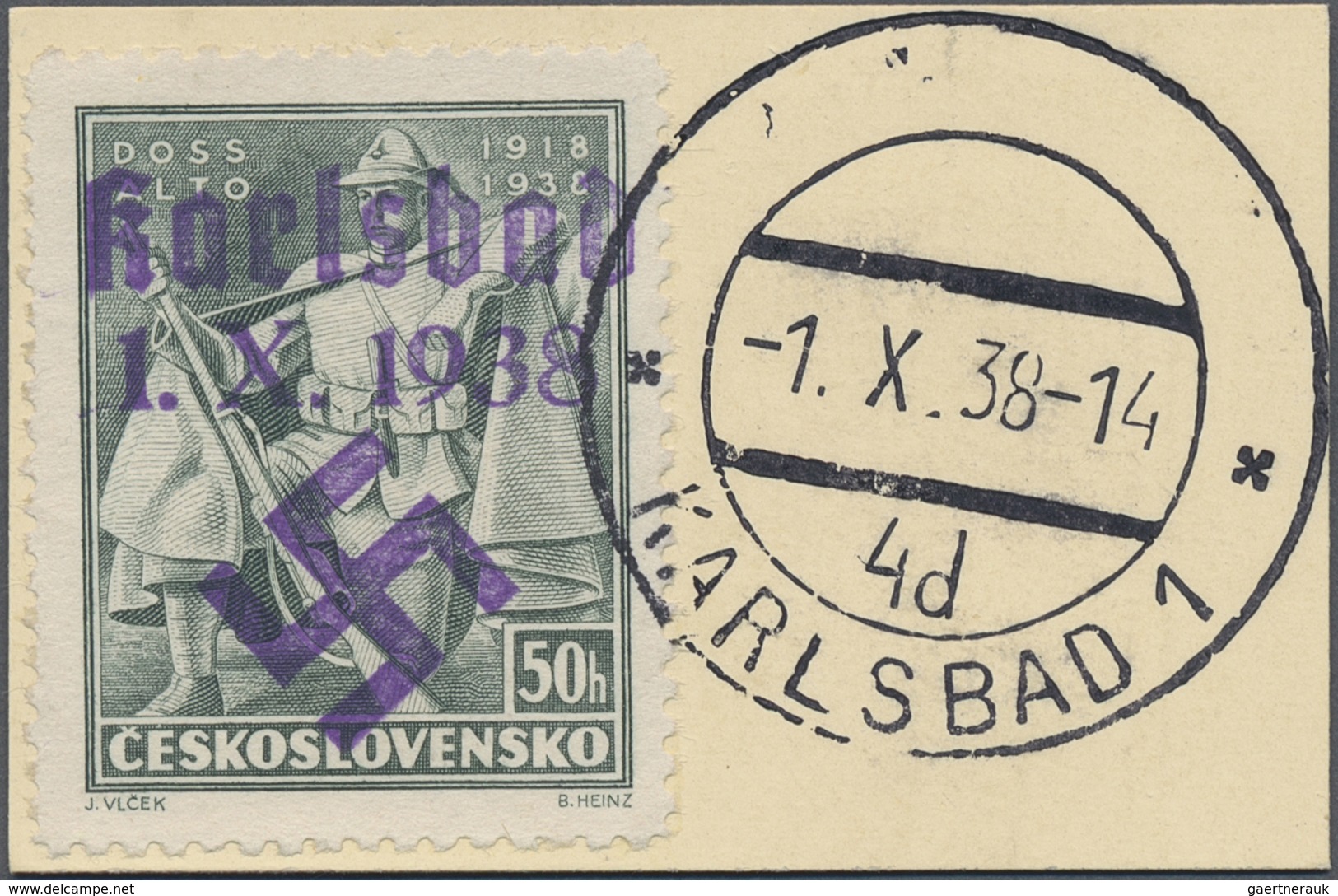 Brfst Sudetenland - Karlsbad: 1938, 50 H. Doss Alto Mit Ersttagstempel "KARLSBAD 4d 1.X.38" Auf Kabinettbr - Région Des Sudètes