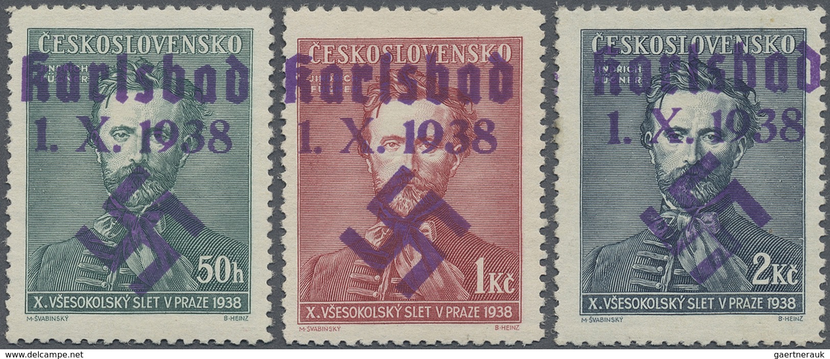 * Sudetenland - Karlsbad: 1938, Gedenkmarken Fügner, 50 H., 1 Kr. Und 2 Kr, Mit Dunkelblauviolettem Ha - Sudetenland