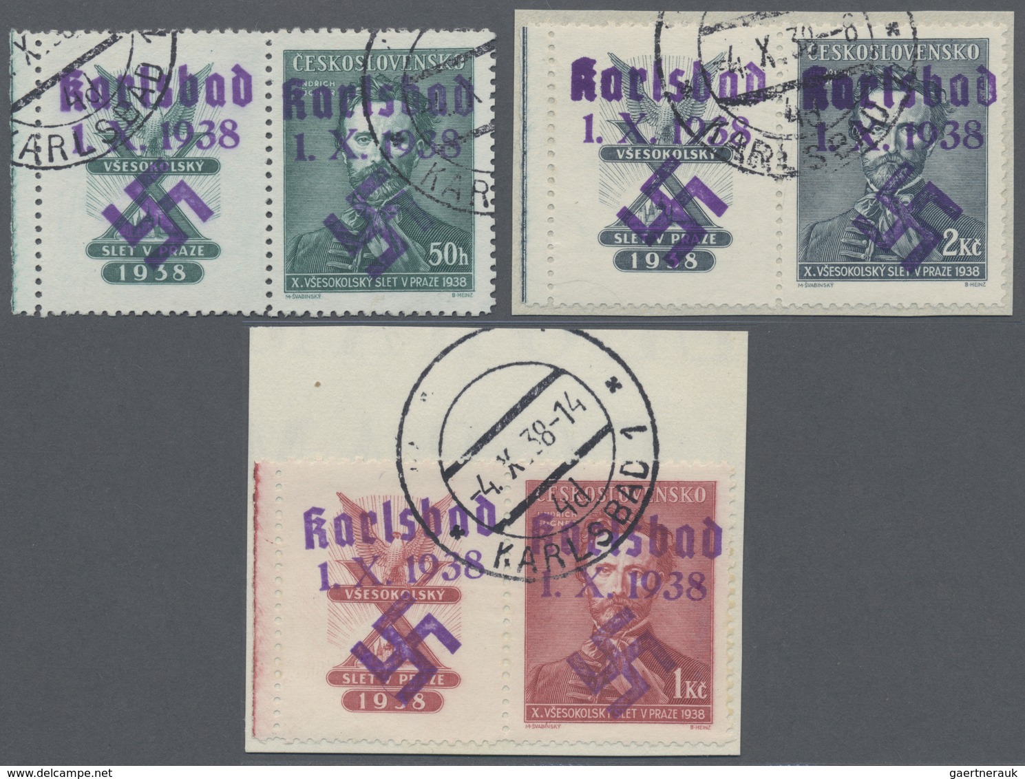 O/Brfst Sudetenland - Karlsbad: 1938, 50 H. Bis 2 Kc. Fügner Komplett Je Mit überdrucktem Leerfeld Links, Ge - Région Des Sudètes