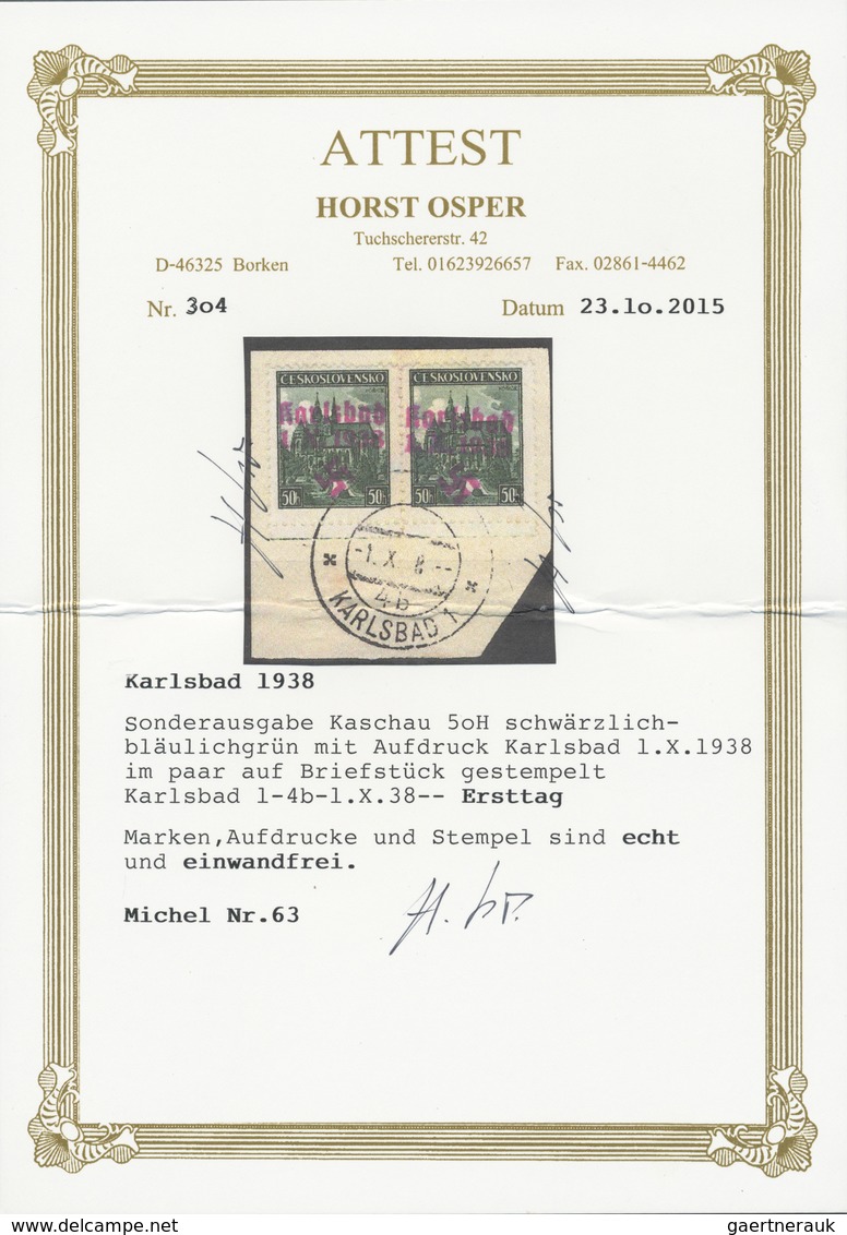 Brfst Sudetenland - Karlsbad: 1938, 50 H. Kaschau Im Waagerechten Unterrandpaar Mit Ersttagsstempel "KARLS - Région Des Sudètes