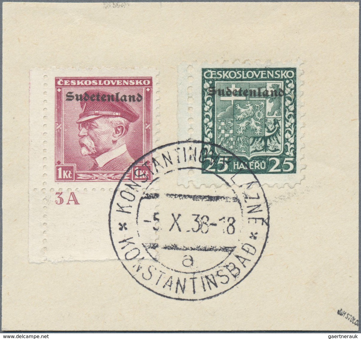 Brfst Sudetenland - Konstantinsbad: 1938, Freimarken 25 Heller Und 1 Krone (linke Untere Bogenecke Mit Pla - Région Des Sudètes