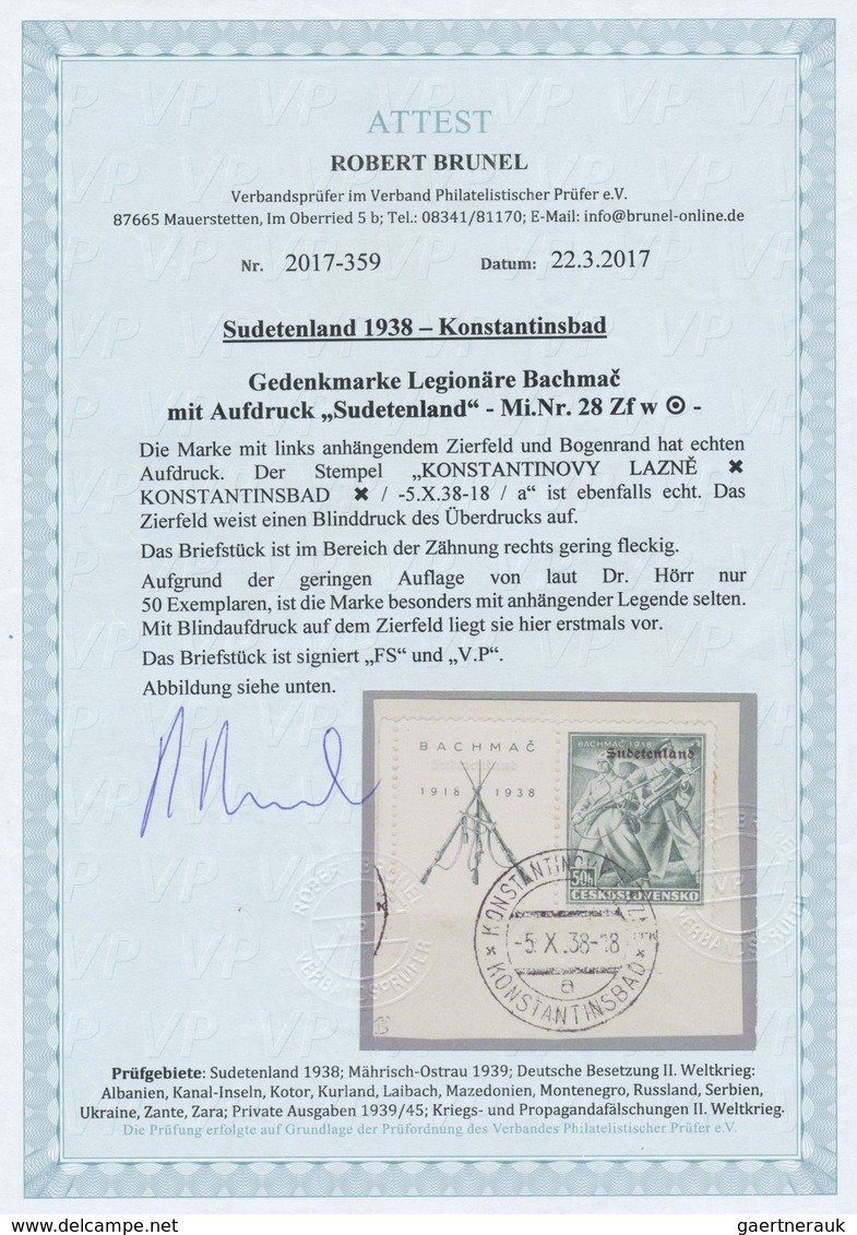 Brfst Sudetenland - Konstantinsbad: 1938, Gedenkmarke Legionäre Bachmac 50 Hellermit Aufdruck "Sudetenland - Sudetenland