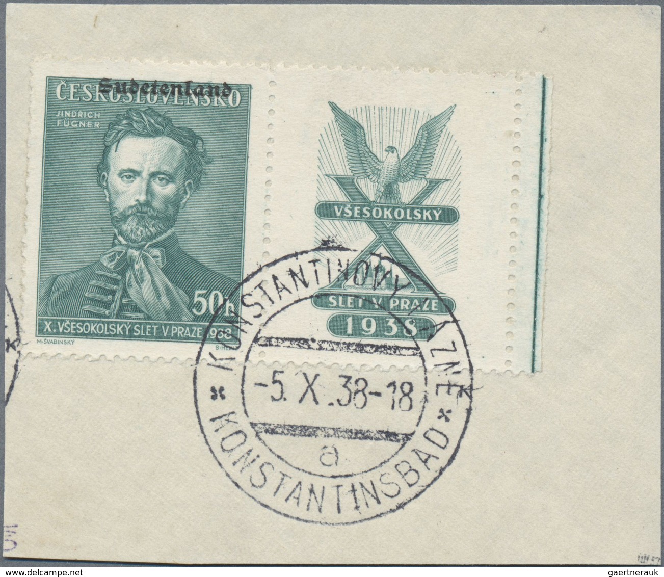 Brfst Sudetenland - Konstantinsbad: 1938, Gedenkmarke Jindrich Fügner 50 Heller Mit Aufdruck "Sudetenland" - Région Des Sudètes