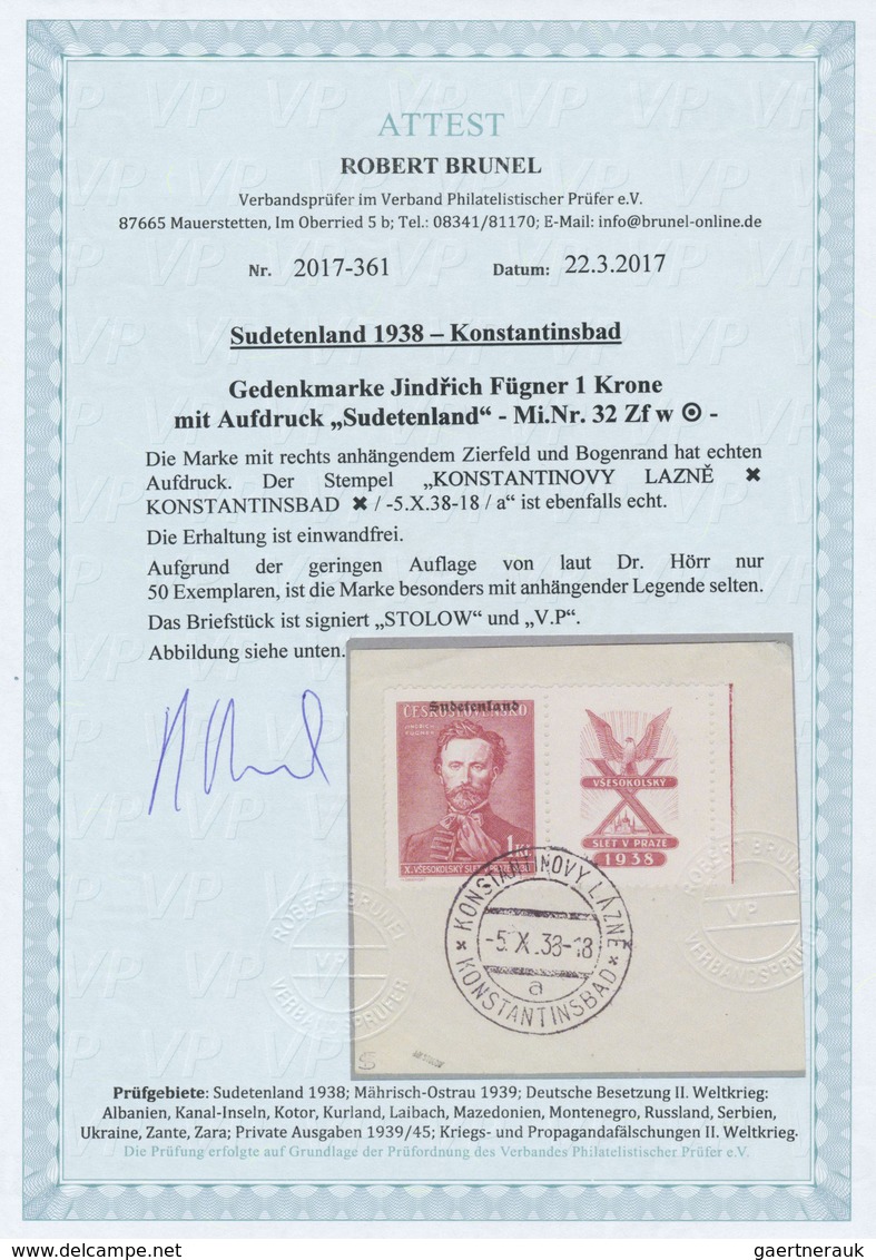 Brfst Sudetenland - Konstantinsbad: 1938, Gedenkmarke Jindrich Fügner 1 Krone Mit Aufdruck "Sudetenland" U - Sudetenland