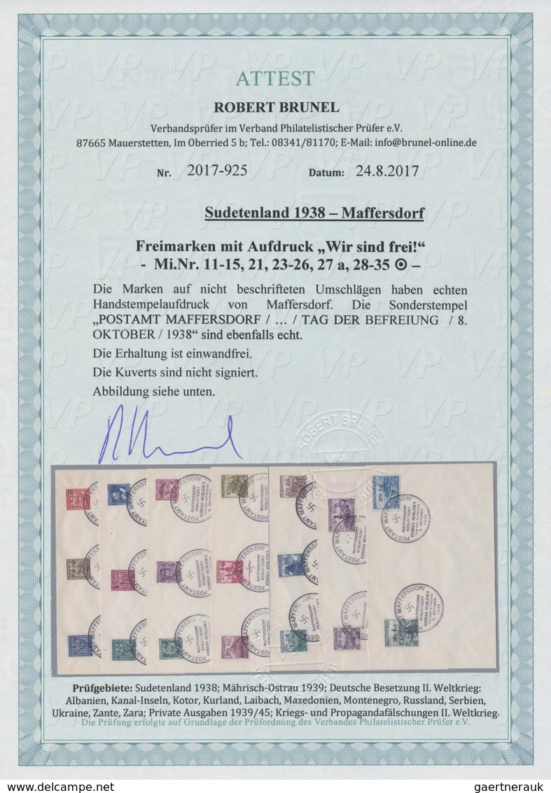 Brfst Sudetenland - Maffersdorf: 1938, Freimarken 5 H. bis 1.60 Kc., 19 Werte auf sieben Blanko-Kuverts je