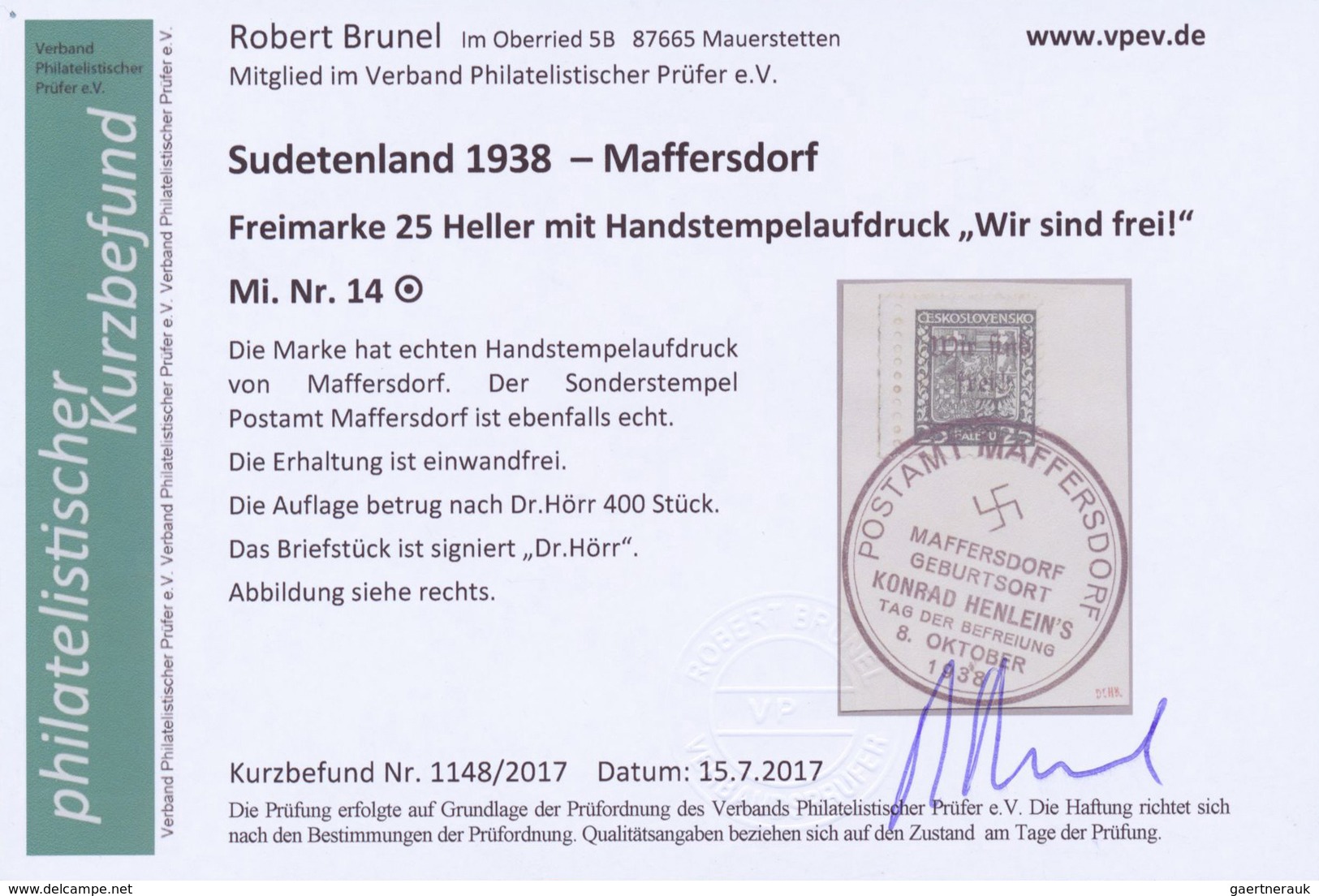 Brfst/Br Sudetenland - Maffersdorf: 1938, Mi.Nr. 14, 29, 31-34, 6 Werte auf Briefstück sowie Nr. 23 auf AK (G