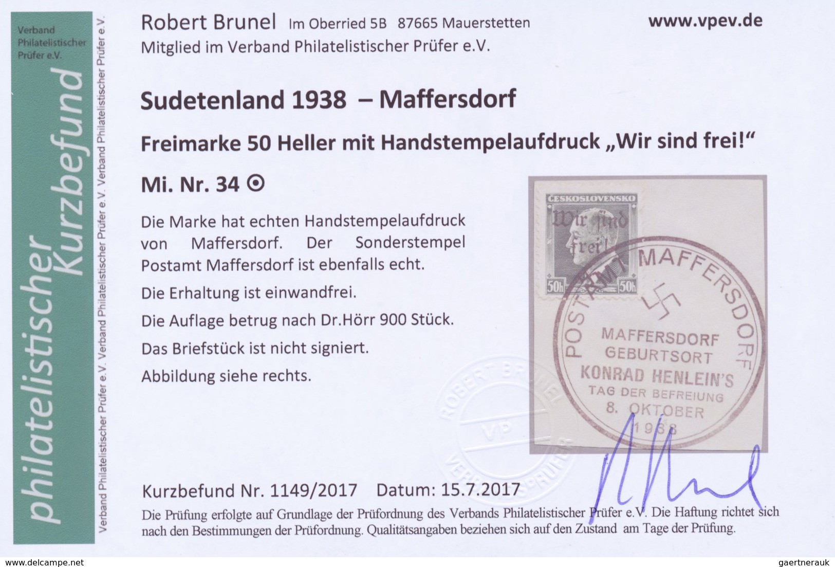 Brfst/Br Sudetenland - Maffersdorf: 1938, Mi.Nr. 14, 29, 31-34, 6 Werte auf Briefstück sowie Nr. 23 auf AK (G