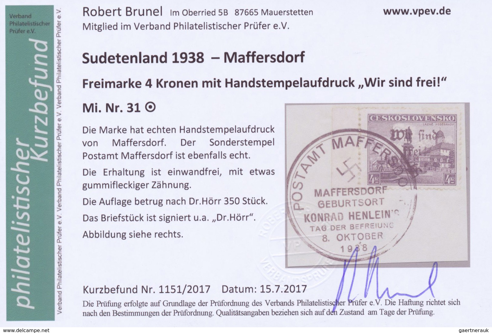 Brfst/Br Sudetenland - Maffersdorf: 1938, Mi.Nr. 14, 29, 31-34, 6 Werte auf Briefstück sowie Nr. 23 auf AK (G