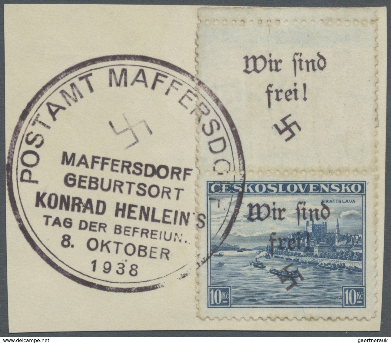 Brfst Sudetenland - Maffersdorf: 1938, 10 Kc. Stadtbilder Mit überdrucktem Leerfeld Oben Auf Briefstück, E - Sudetenland