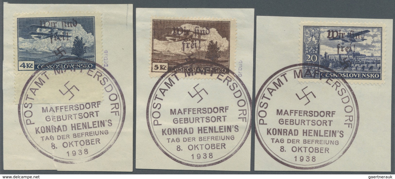 Brfst Sudetenland - Maffersdorf: 1938, 50 H. Bis 20 Kc. Flugpost, Kompletter Satz Auf Acht Briefstücken, B - Sudetenland