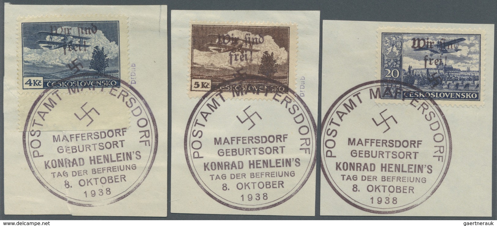 Brfst Sudetenland - Maffersdorf: 1938, 50 H. Bis 20 Kc. Flugpost, Kompletter Satz Auf Acht Briefstücken, B - Région Des Sudètes