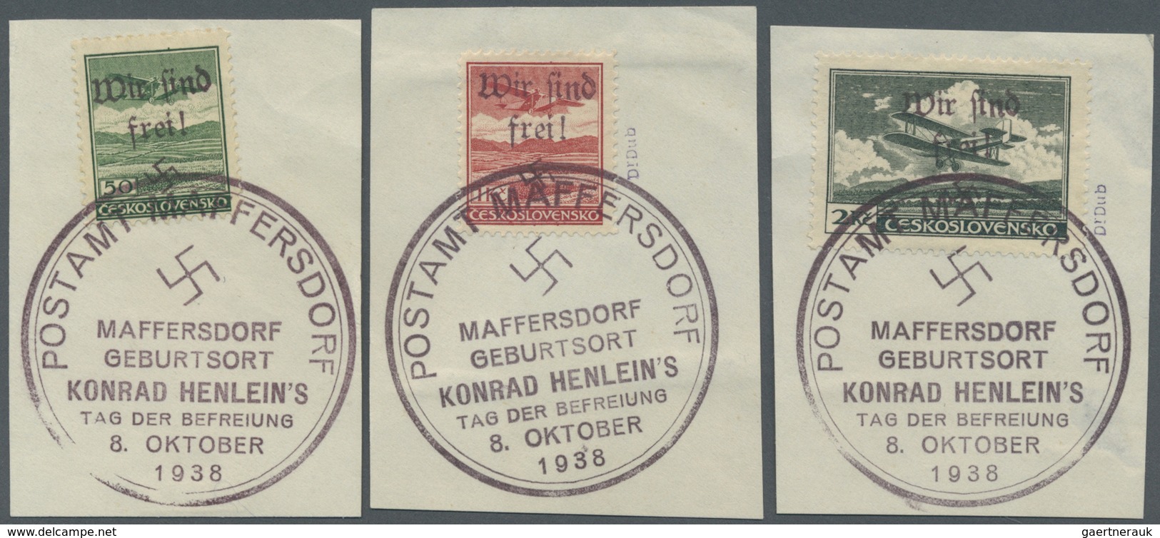 Brfst Sudetenland - Maffersdorf: 1938, 50 H. Bis 20 Kc. Flugpost, Kompletter Satz Auf Acht Briefstücken, B - Sudetenland