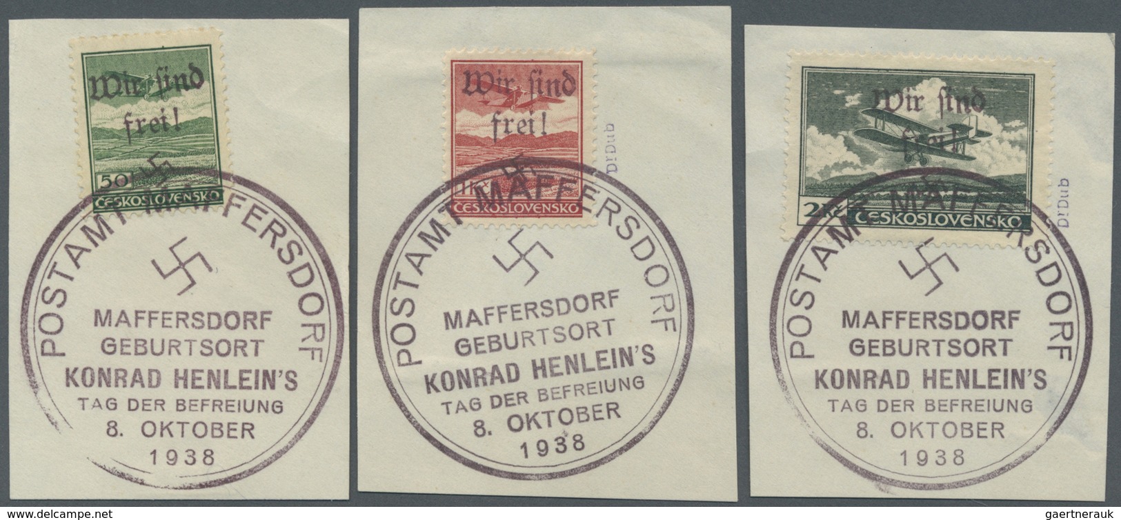 Brfst Sudetenland - Maffersdorf: 1938, 50 H. Bis 20 Kc. Flugpost, Kompletter Satz Auf Acht Briefstücken, B - Région Des Sudètes