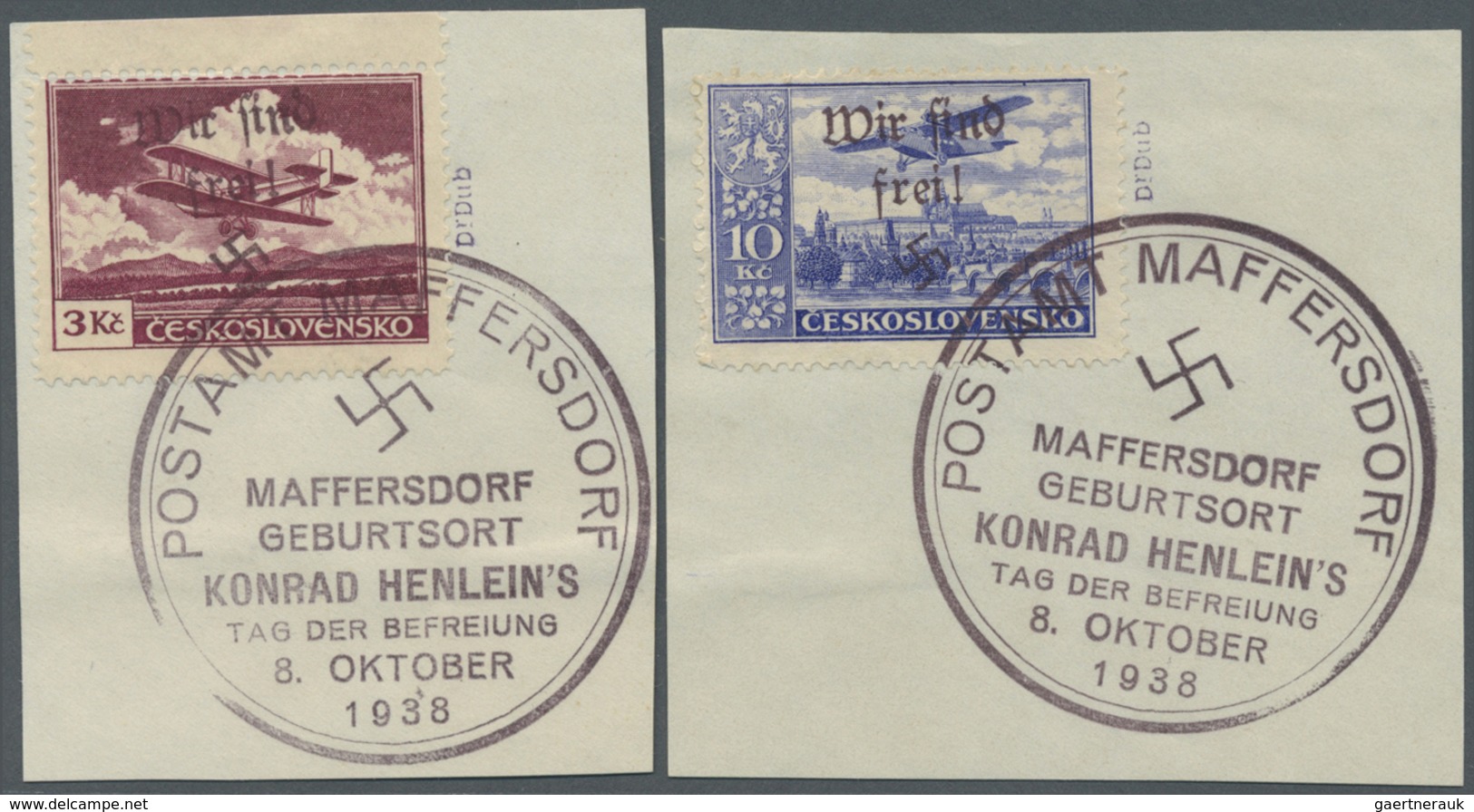 Brfst Sudetenland - Maffersdorf: 1938, 50 H. Bis 20 Kc. Flugpost, Kompletter Satz Auf Acht Briefstücken, B - Sudetenland