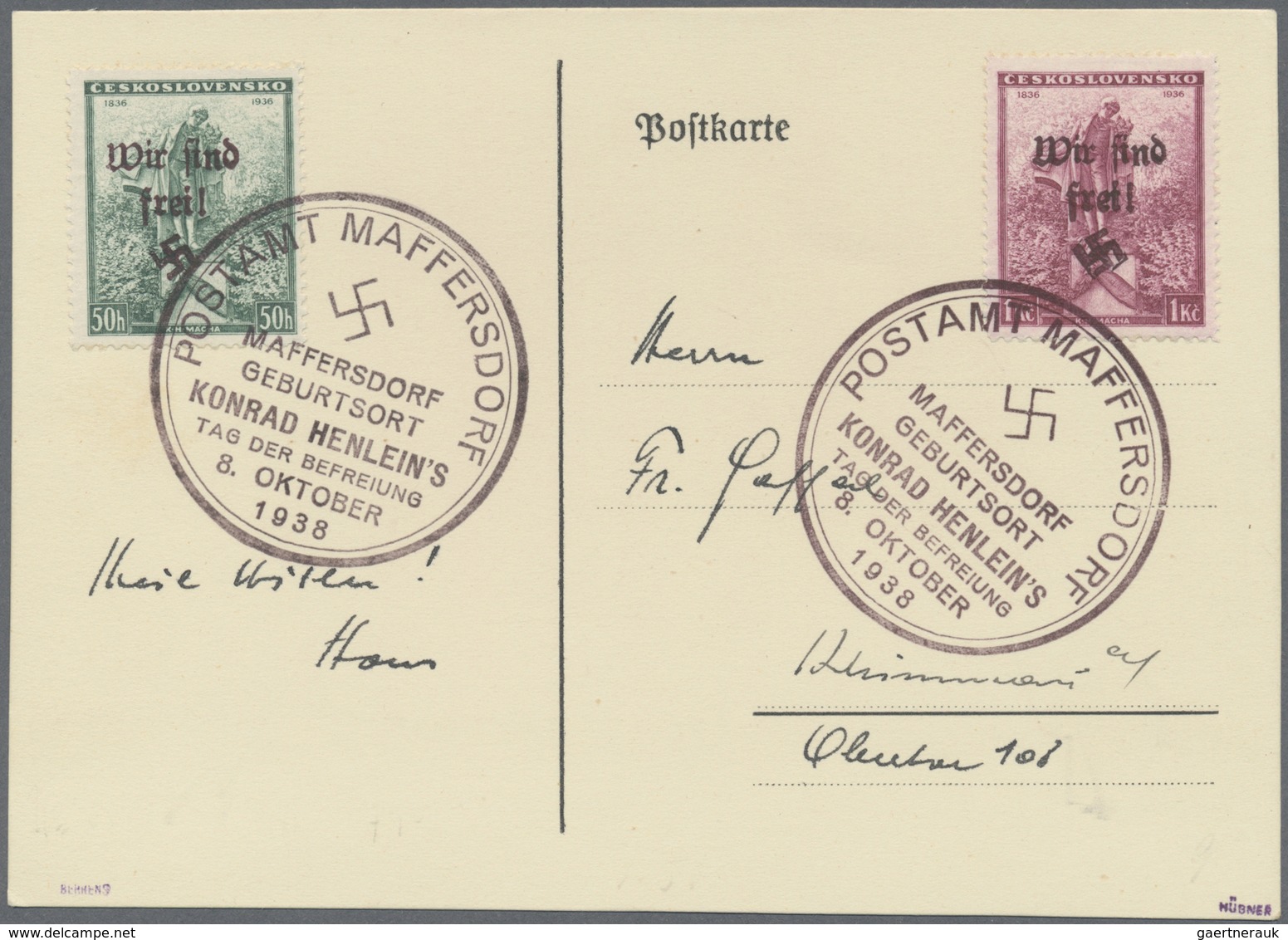 Brfst Sudetenland - Maffersdorf: 1938, 50 H. Und 1 Kc. Mácha Je Mit Stempel "POSTAMT MAFFERSDORF 8.OKTOBER - Sudetenland