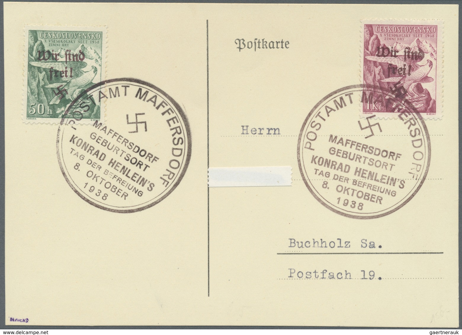 Br Sudetenland - Maffersdorf: 1938, 50 H. Und 1 Kc. Sokol Auf Nachbeschrifteter Karte, Marken Tadellos, - Sudetenland