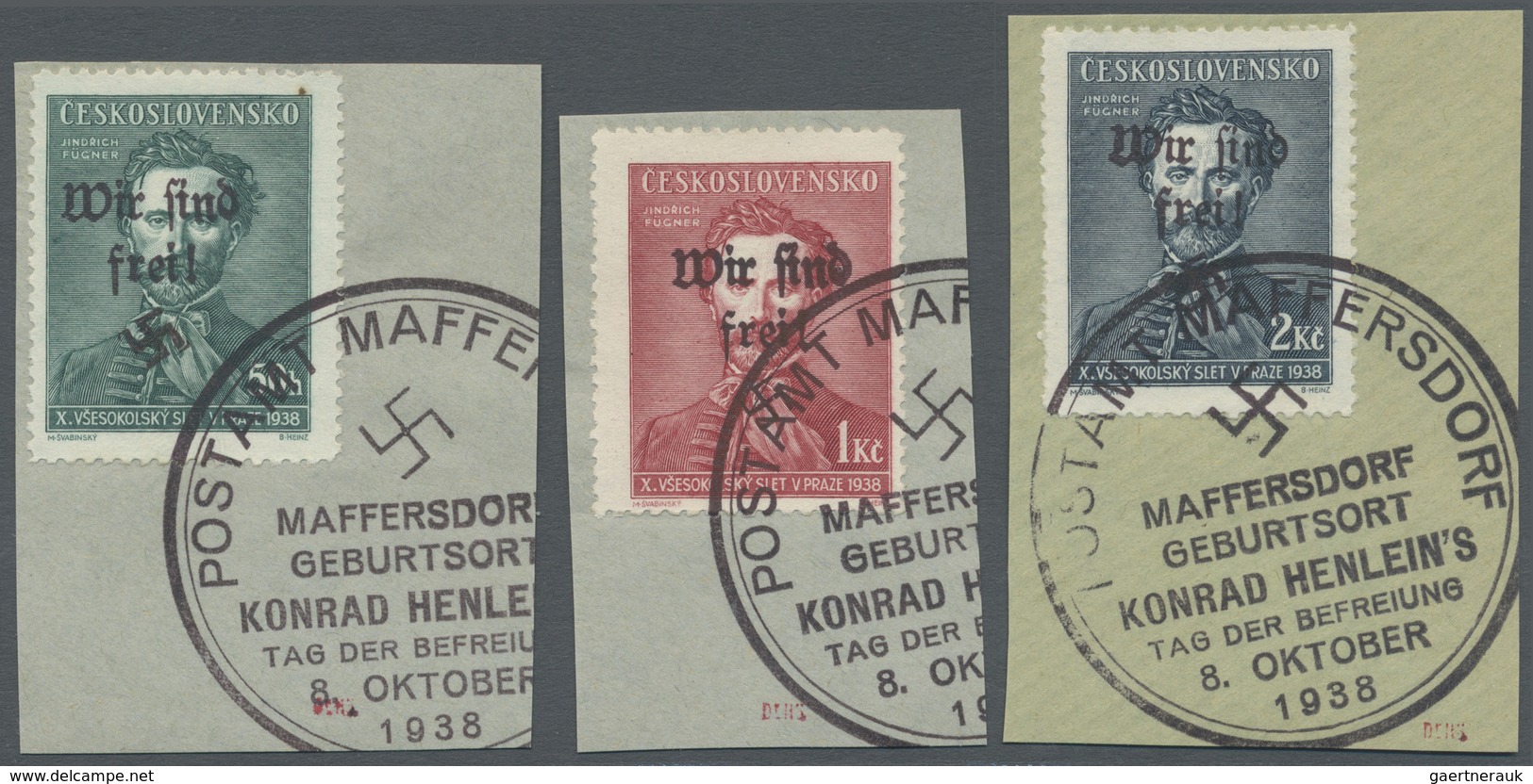 Brfst Sudetenland - Maffersdorf: 1938, 50 H. Bis 2 Kc. Fügner Auf Drei Kabinett-Briefstücken, Signiert Dr. - Région Des Sudètes