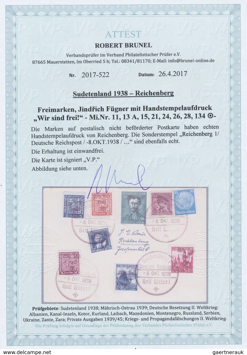 Br Sudetenland - Reichenberg: 1938, Div. Freimarken Und Sondermarke Jindrich Fügner Mit Handstempelaufd - Sudetenland