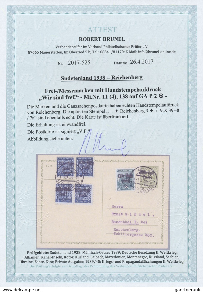 GA Sudetenland - Reichenberg: 1938, Frei-/Messemarke Mit Handstempelaufdruck "Wir Sind Frei!" Auf GA-Po - Sudetenland
